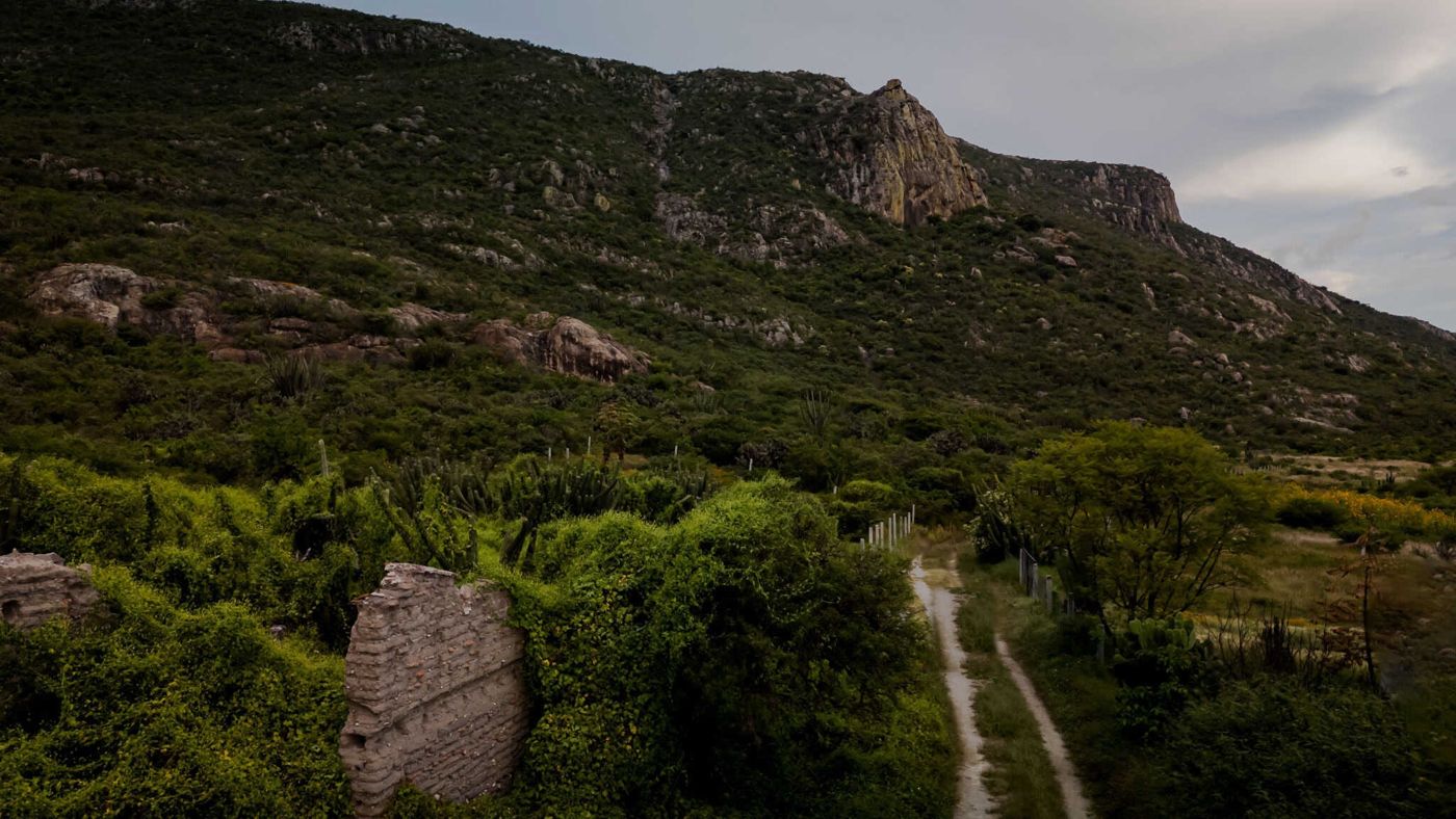A dirt track through brush toward a rocky ridge in Oaxaca