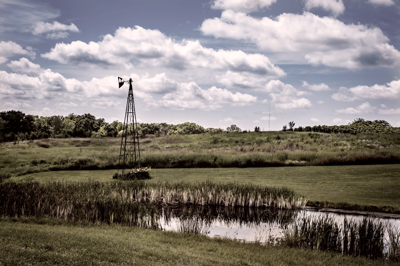 An old windmill tower beside a pond and cattails under a cloudy sky