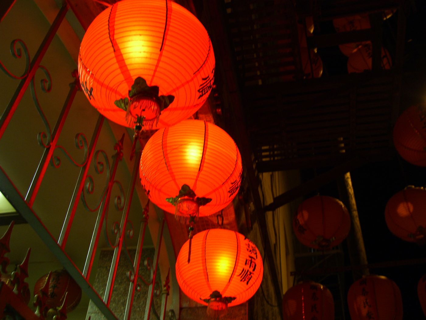Red paper lanterns glowing at night